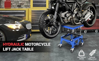 Hydraulic 350LBS Motorcycle Lift Jack - Foot-Pump Scissor Lift Table with Safety Lock, Wheels & Oil Drain Hole - Height Adjustable 13.78-34.25" for ATV, Dirt Bike, Cruiser Maintenance