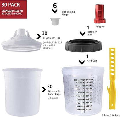 Disposable Paint Mixing Cup Kit,HVLP Paint Sprayer Gun Mixing Cups with 30 Cups and Lids System, 6 Plugs and 1 Hard Cup with Retainer Ring, 1 Cup Adapter,Paint Stirrer (30)