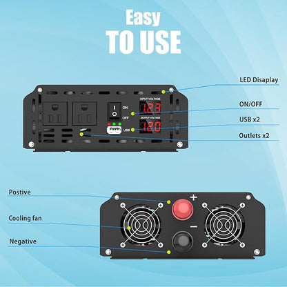 Power Inverter 3000 Watt, DC 12V to AC 110V 120V Converter Car Modified Sine Wave Power Inverter with Dual Sockets, USB Port, LED Display for RV Truck Boat Solar Car Emergency Off Grid