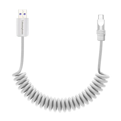 chubbycable Curly Chubby - Retractable Fast Charging Cable 240W Coiled Charger Cord for Car Durable USB-C Cable for Phones, Tablets and More, White, USB-A to Type-C, 1.3FT-2.3FT