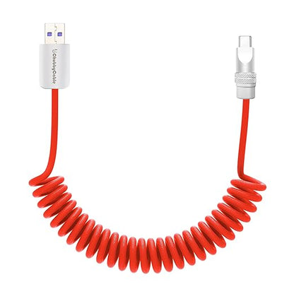 chubbycable Curly Chubby - Retractable Fast Charging Cable 240W Coiled Charger Cord for Car Durable USB-C Cable for Phones, Tablets and More, Red, USB-A to Type-C, 1.3FT-2.3FT