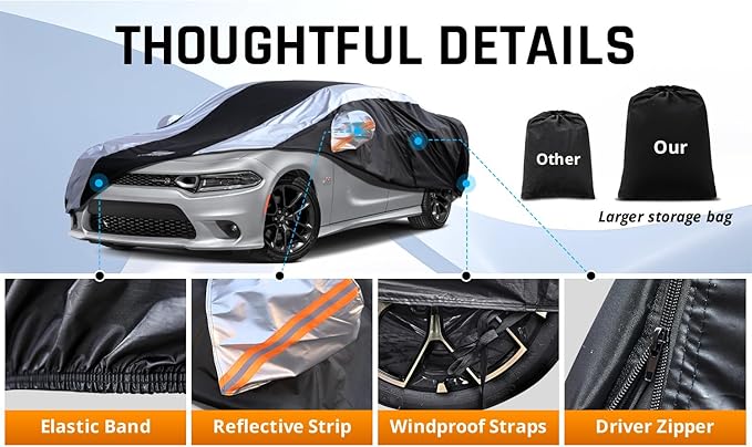 Dodge Charger Car Cover Waterproof All Weather with Silver Strip Design, Custom Fit for Dodge Charger 2006–2023, Charger Accessory with Door Zipper & Windproof Straps