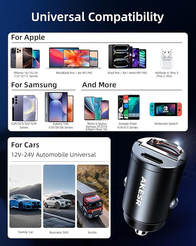 65W USB C Car Charger Fast Charging，12V USB Outlet Accesorios para Carro，Compact Cigarette Lighter Adapter，Car Phone Charger for iPhone/16/15/14/13/12 Samsung S25 S24 S23Google Android