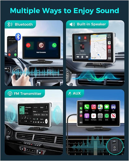 Wireless Carplay with 4K Dash Cam, 9" Portable Carplay Screen for Car, Apple Carplay & Android Auto Car Satellite Radio with 1080P Backup Camera, GPS Navigation/Mirror Link/Voice Control/Bluetooth