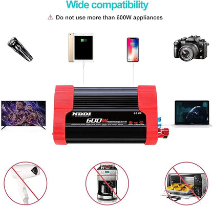 600W Car Power Inverter 12V DC to 110V AC Converter with 3.1 A Dual USB Quick Car Charger Adapter for Laptops and Smartphones