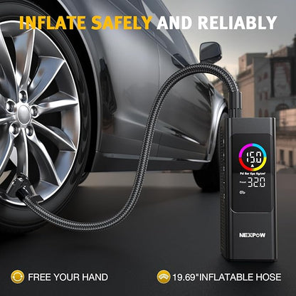 NEXPOW 150 PSI Tire Inflator Portable Air Compressor, 12000mAh Battery Auto Shut-Off Air Pump for Car Tires, Fast Inflation Dual LCD Display Tire Pump, Pocket Air Pump for Bike, Motorcycle, Ball, Car
