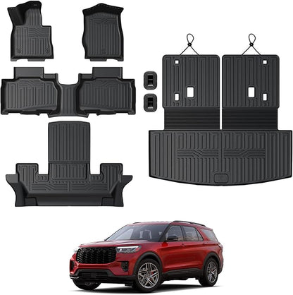 Floor Mats for 2025 2020-2024 Ford Explorer (6-seat), All Weather TPE Floor Mat Cargo Mat with Backrest Mats for Ford Explorer ST Car Accessories