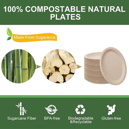 WELLIFE 100% Compostable Oval Paper Plates 12 Inch, 125-Pack Heavy Duty Paper Plates Bulk,Biodegradable Bagasse,Eco-Friendly Disposable Dinner Plate for BBQ,Picnic,Party (BPI Certified,Microwaveable)