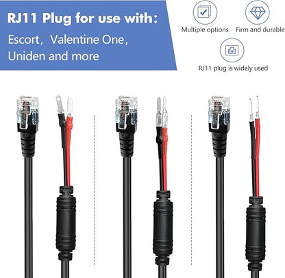 Radar Detector Hardwire Power Cord, Rearview Mirror Plug Cable, with Inline Fuse Holder,Suitable for Escort Beltronics Valentine One Cobra Whistler Radar Detector,3-Piece Set,17.7'' (RJ11)