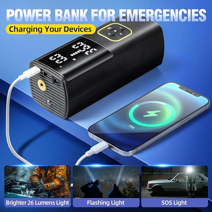 Zune Lotoo Rechargeable Tire Inflator Portable Air Compressor for Car Tires, 150PSI Battery Powered Cordless Air Pump with Digital Pressure Gauge & Auto Shutoff for Bike Motorcycle E-Bike Ball