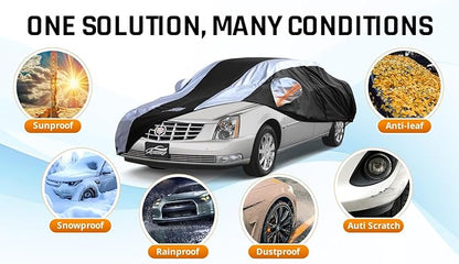 Car Cover Waterproof All Weather with Silver Strip Design, Custom Fit for DTS(2006–2011), XTS(2013-2019), CT6(2016-2020), DTS Accessory with Door Zipper & Windproof Straps
