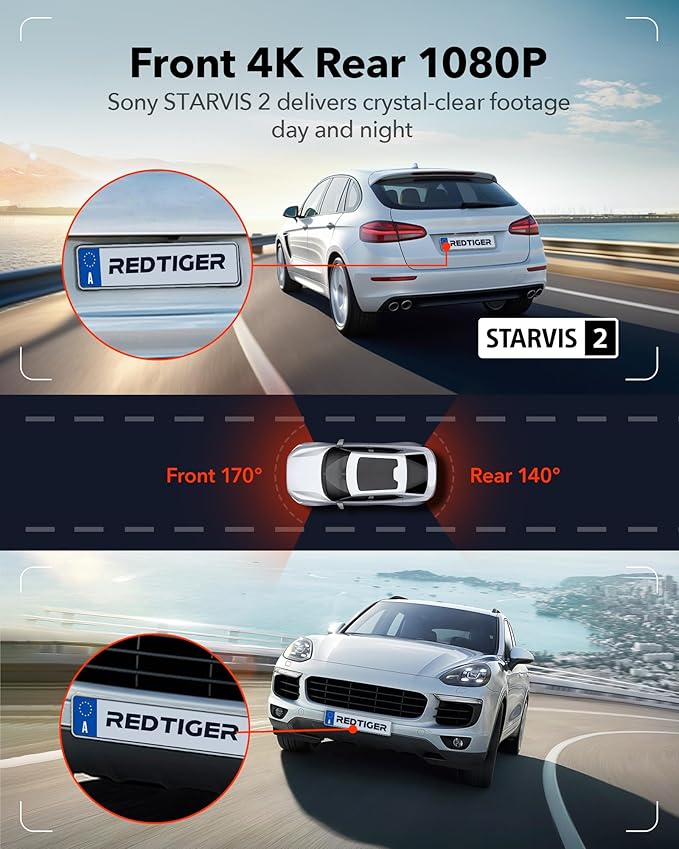 REDTIGER 4K Dash Cam Front and Rear, STARVIS 2 Sensor, Touch Screen 3.18", 128GB Card Included, Voice Control, 5.8GHz WiFi Car Dash Camera, GPS, Night Vision, Emergency Lock, Parking Mode (F7N Touch)