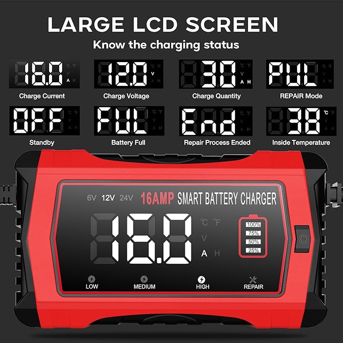 16 Amp Battery Charger, Car Battery Charger 6V 12V 24V Lithium,Lifepo4,Lead-Acid(AGM/Gel/SLA..),Battery Maintainer, Trickle Charger, and Battery Desulfator for Car,Boat,Motorcycle…