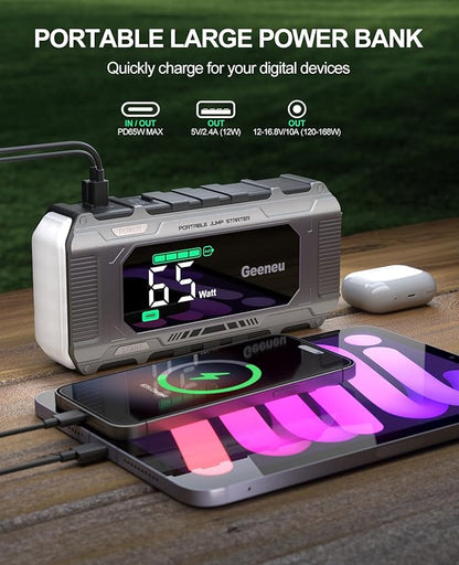 Car Jump Starter Battery Jumper Pack 8000A 65W PD Fast Charging, Portable 12V Car Battery Charger Booster Jump Box (All Gas/12.0L Diesel), Power Vehicle Jumper with Large Screen,150W DC, Lights