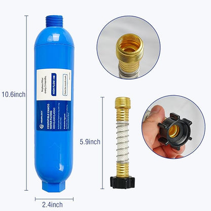 Hourleey 2 Pack RV Inline Water Filter with 2 Flexible Hose Protector, Reduce Bad Taste, Odors, Rust, Fluoride, Chlorine and Sediment in Drinking Water, Dedicated for RVs Campers Marines