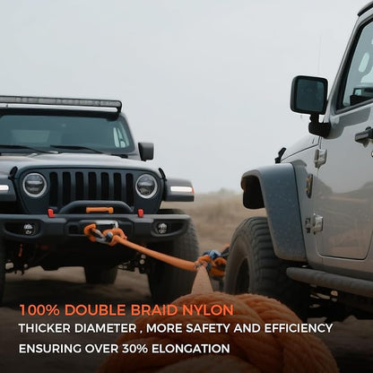 Kinetic Recovery Tow Rope, 48000LBS Snatch Strap (1" x 30ft) with Soft Shackles, Extreme Duty 30% Elasticity Energy Offroad Towing Straps Kit for Car Jeep Trucks SUV UTV ATV Tractor - Orange