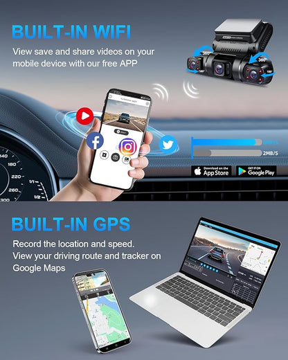 PRUVEEO 360 Degree View 4 Channel Dash Cam Front and Rear Inside Left Right, Dash Camera for Cars, Built-in GPS WiFi Night Vision, 24/7 Recording Parking Mode Monitor, Free 128G Card