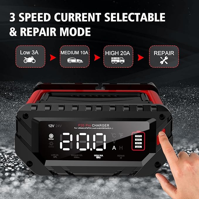 Battery Charger 0-20Amp,12V/24V Lithium,LiFePO4,Lead Acid,Fully-Automatic Smart Car Battery Charger,Trickle Charger, Maintainer/Pulse Repair for Boat, Motorcycle,Suv,Truck,Golf Cart, Lawn Mower