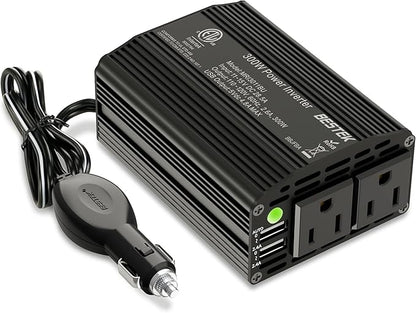 BESTEK 300W Power Inverter DC 12V to 110V AC, Durable Aluminum Housing Car Charger Adapter with 4.8A Dual USB Fast Charging Port, Car Plug in Cigarette Lighter Outlet for Phone, Laptop