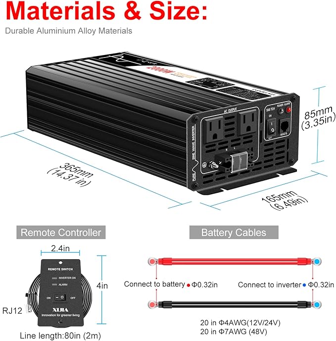 Xijia 2000w(Peak Power 4000W) dc 48v to ac 120v Inverter Pure sine Wave 60HZ Converter with Bluetooth Remote Control LCD Screen 2 AC outlets for Camping, Boat,Outdoor (DC48V (Range 40V-60V) 2000W)