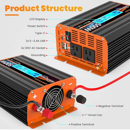 500 Watt Pure Sine Wave Power Inverter 12V DC to 110V 120V Converter for Home, RV and Off-Grid Solar Systems with Type-C Port, 2 AC Outlets, 2 USB Ports, LCD Display