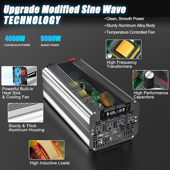4000 Watt Power Inverter, Car Inverter 12V DC to 110V/120V AC Converter with LCD Display, 4 AC Outlets, USB Port & Remote Controller for RV, Truck, Off-Grid Solar System