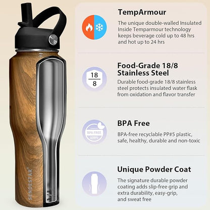 SENDESTAR 32oz Water Bottle Wide Mouth Stainless Steel Vacuum Insulated Double Wall with 2 Straw Lids Fit in Any Car Cup Holder