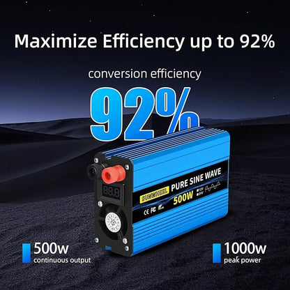 SUNWHEEL 500W 24V Pure Sine Wave Inverter, DC 24V to AC 110V/120V Car Power Inverter, Peak Power 1000W Car Plug Adapter Outlet Converter with Dual AC Sockets and LCD Display