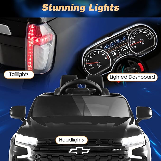 HONEY JOY Ride On Truck, 12V Licensed Chevrolet Tahoe, Chevy Electric Vehicle for Kids, Soft Start, Music, Lights, Battery Powered Ride On Car Toy with Remote Control, Gift for Boys Girls (Black)