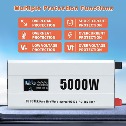 5000 Watts Power Inverter Peak 10KW, Pure Sine Wave 12V DC to 120V AC Off Grid Solar Inverter with Wireless Remote Control LCD Display 4 AC Outlets Hardwire Terminal for Home RV Camping