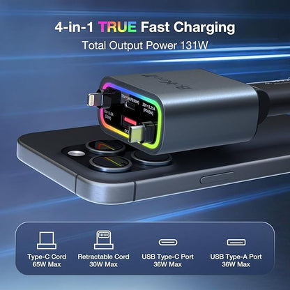 Retractable Car Charger 4 in 1, 131w Cigarette Lighter Adapter USB C, Type C Retractable Fast Charging Car Charger Adapter Multi Port for iPhone16/15/14/13/12/11, Samsung and More