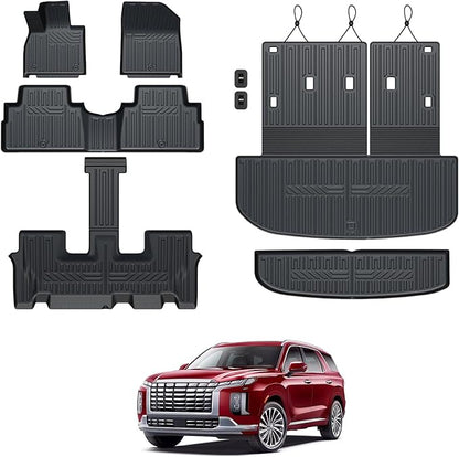 GALVAGNIATE Floor Mats for 2020-2024 2025 Hyundai Palisade 7-seat/8-seat Trunk Mat with Backrest Mat, All Weather TPE Cargo Liner Lower Cargo Mat for Palisade Accessories