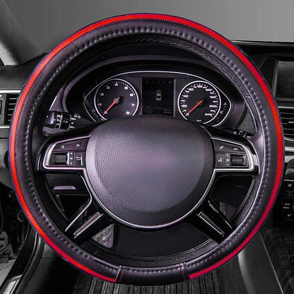CAR PASS Sporty Quilting Leather Universal Fit Steering Wheel Cover,Fit for Suvs,Vans,Sedans,Trucks for 14.7" to 15" (Black & Red)