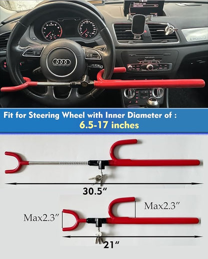 Steering Wheel Lock Anti-Theft Car Device Car Wheel Locks Heavy Duty Vehicle Security Steering Wheel Lock for Truck Car Vehicles Van Lorry SUV with 4 Keys, Elongated Length MAX 30.5“ Red