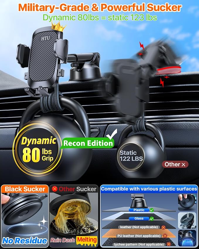 2025 Ultimate Car Phone Holder【80+LBS Strongest Suction & Military-Grade】 Universal Cell Phone Holder Truck Car Mount for Dashboard Windshield Air Vent for iPhone 16 Pro Max 15 Samsung 2pcs,Black
