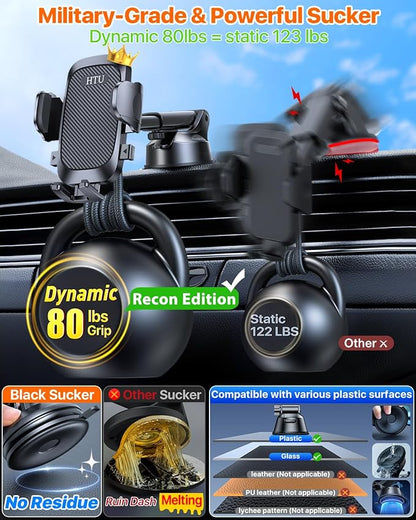 2025 Ultimate Car Phone Holder【80+LBS Strongest Suction & Military-Grade】 Universal Cell Phone Holder Truck Car Mount for Dashboard Windshield Air Vent for iPhone 16 Pro Max 15 Samsung 2pcs,Black