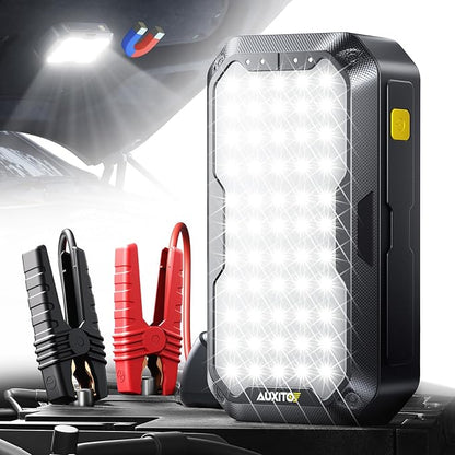 AUXITO Car Battery Jump Starter: 5000A Portable Jump Starter Up to 8.5L Gas and 8.0L Diesel Engines with 2000LM LED Work Panel Light, 12V Safe Jump Box with Camping Light, Power Bank and Jumper