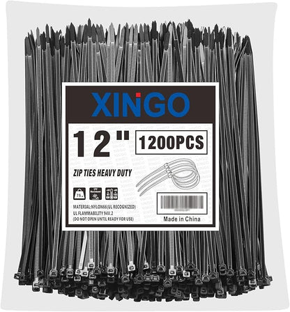 XINGO 12 Inch Black Zip Ties 1200 PCS, 75 LBS Tensile Strength, UV Resistant Cable Ties, Premium Self-locking Plastic Ties for Indoor and Outdoor Use