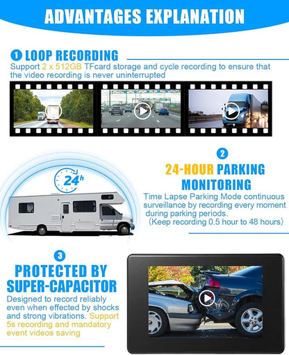 RV Backup Camera System AI WiFi GPS 7 inch Touch Screen Monitor Vehicle Recording with 4 Pieces 1080P Rear Side View Waterproof Camera Live View on APP/Web/PC for Camper RV Truck Trailer Tractor Fleet