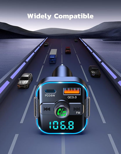 Bluetooth 5.3 Car Adapter【PD 36W+QC3.0 18W】, 2-in-1 FM Bluetooth Transmitter 【Dual Stronger Mics】& Fast Car Charger, Wireless FM Radio Adapter Hands-Free Calling, Siri Assistant, Black