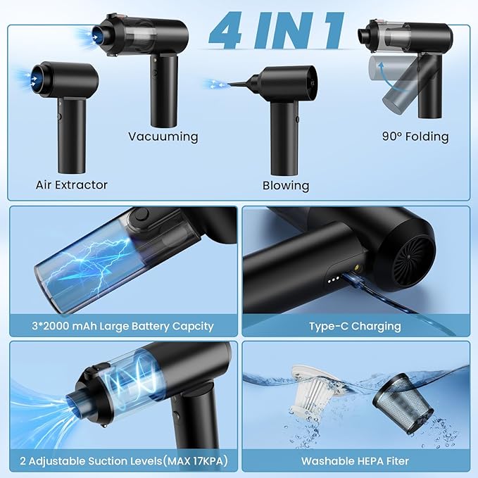 Vac V2 Portable Air Blower/Car Vacuum 90°Foldable 3in1 Handheld Vacuums Cleaner Brushless Motor High Power 16000PA Compressed Air Dusters Cordless Vacuum Cleaners for Car Home