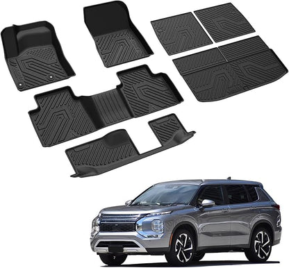 LASFIT Floor Mats & Backseat Cargo Mat for Mitsubishi Outlander 2022-2025 (Not Fit PHEV or Sport Models), TPE All Weather Protection Custom Fit 3 Row Rubber Floor Liners, Black, Easy to Clean