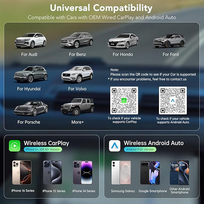 Wireless CarPlay Adapter 2025, Convert Wired to Wireless CarPlay Adaptor for Apple, Compatible with Cars with Factory Wired CarPlay for iPhone & Android with USB/USB-C Port (Light Grey)