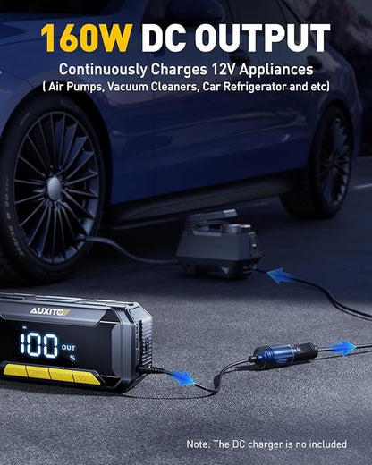 AUXITO 8000A Car Battery Jump Starter Boost Force Start Function Jump Box 60W Fast Charging 160W DC Output Portable Jump Starter for 12V Vehicle 700LM Super Bright Flashlight (All Gas/Diesel)