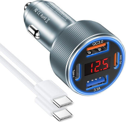 Car Phone Charger for iPhone 16 15, Besgoods USB C Car Charger Adapter 4 Ports with Voltmeter PD&QC Fast Charging Cigarette Lighter for Galaxy S25 S24 S23 A54 A15 Dash Cam, with 6ft USB C to C Cable