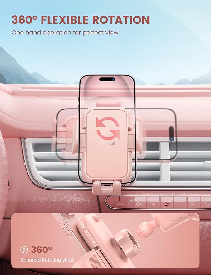 Lamicall 2025 Wider Clamp & Metal Hook Car Phone Holder Vent [Thick Cases Friendly] Phone Holders for Your Car Mount Automobile Hands Free Cradle Air Vent Pink