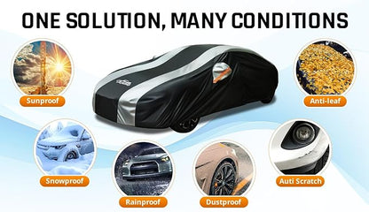 Small Car Cover Waterproof All Weather Protection with Silver Stripe Design,Universal Fit Nissan Versa, Hyundai Accent, Mazda MX-3 RX8, Subaru BRZ, Audi TT, Porsche 718 Boxster Cayman
