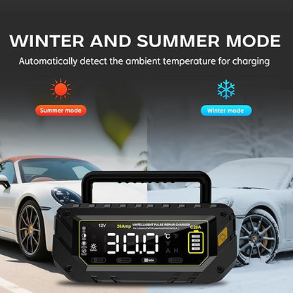 Battery Charger 0-26A 6V/12V/24V Lithium LiFePO4 Lead Acid, Fully Automatic Car Battery Maintainer, Smart Trickle Charger, Automotive w/Pulse Repair for AGM, STD, Gel, Deep Cycle Batteries ﻿