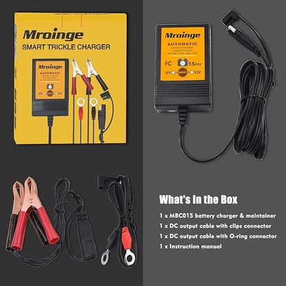 MBC015, 6V / 12V 1.5A Fully Automatic Trickle Battery Charger/Maintainer for Automotive Vehicle Motorcycle Lawn Mower ATV RV Powersport Boat, Sealed Deep-Cycle AGM Gel Cell Lead Acid Batteries