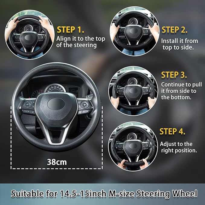 Steering Wheel Cover Black White, Carbon Fiber Car Steering Wheel Covers with Coasters Universal 14.5-15 inch Leather Microfiber Breathable Anti-Slip Steering Wheel Accessories Set